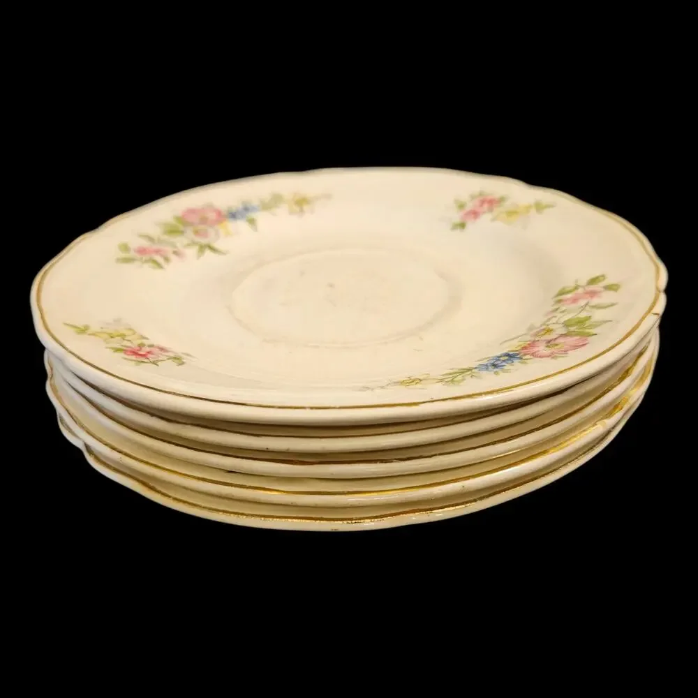 Edwin M Knowles Floral Saucers Set 5 Gold Trim Semi Vitreous USA